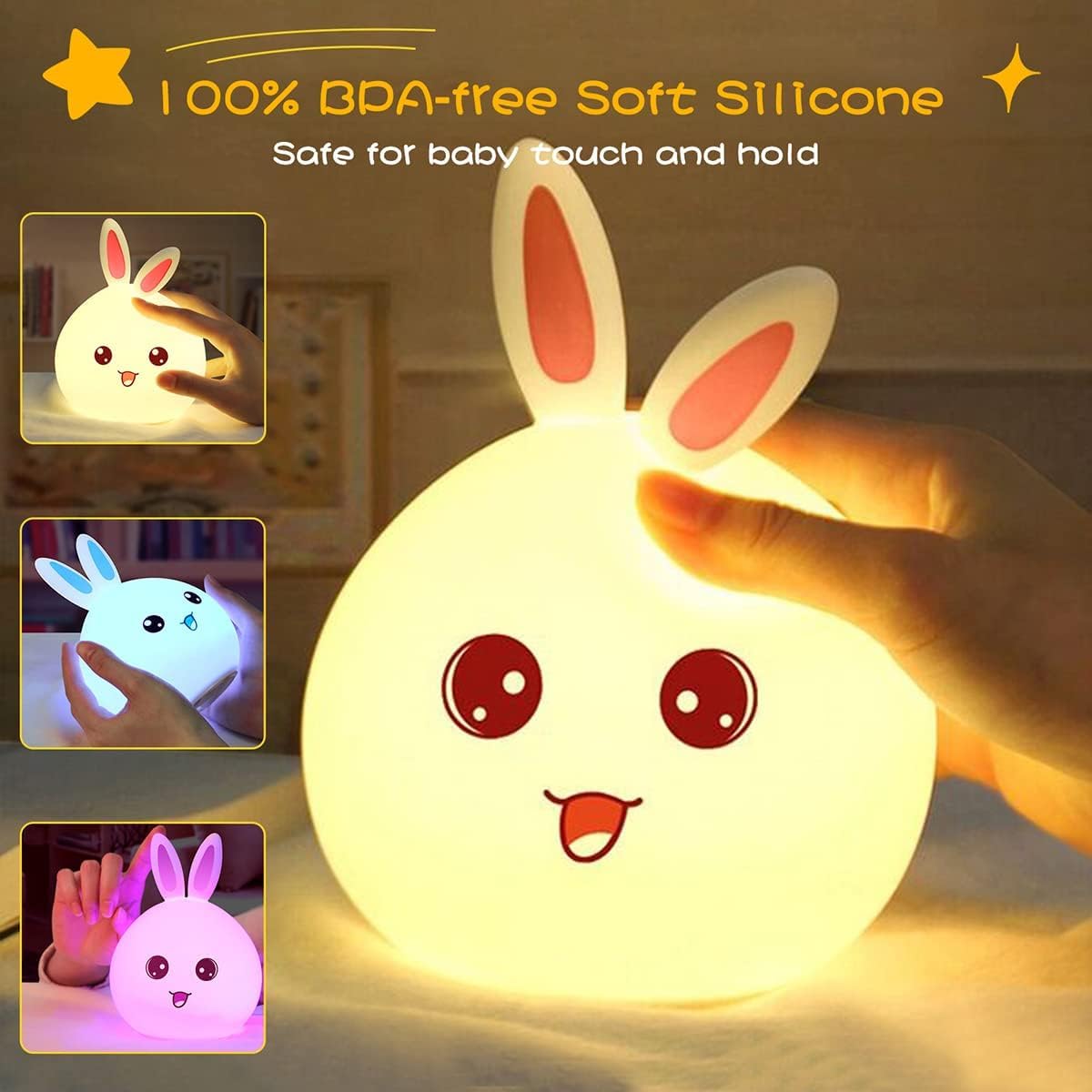 Silicone Rabbit Night Lamp For Kids, USB Rechargeable, Colour Changing LED, 15 cm